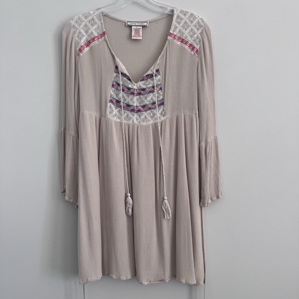 Women's Flying Tomato Boho Peasant Dress Size L Taupe Lace